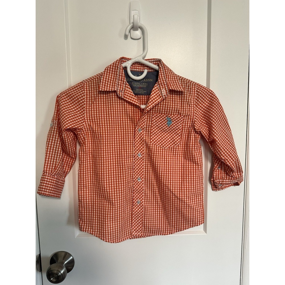 TODDLER BOYS US POLO ASSN ORANGE AND WHITE CHECKERED DRESS SHIRT SIZE 4T - Picture 1 of 3